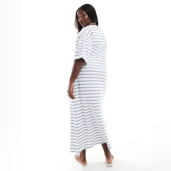 ASOS DESIGN Curve short sleeve with twist detail midi dress blue & cream stripe - Picture 2 of 4